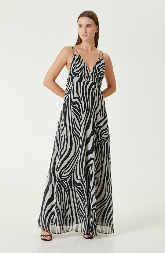 Siyah Beyaz Maksi Şifon Elbise