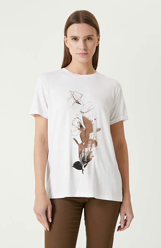Beyaz Çiçek Baskılı T-shirt