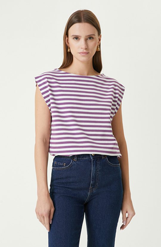 Beyaz Mor Çizgi Desenli T-shirt