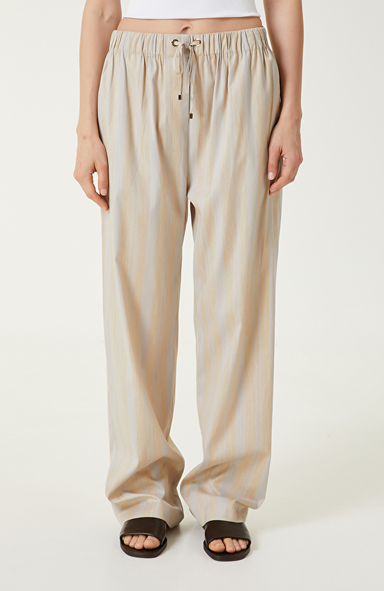 Ekru Bej Çizgili Pantolon