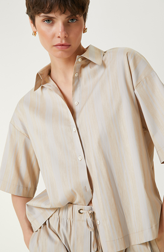 Ekru Bej Çizgili Gömlek