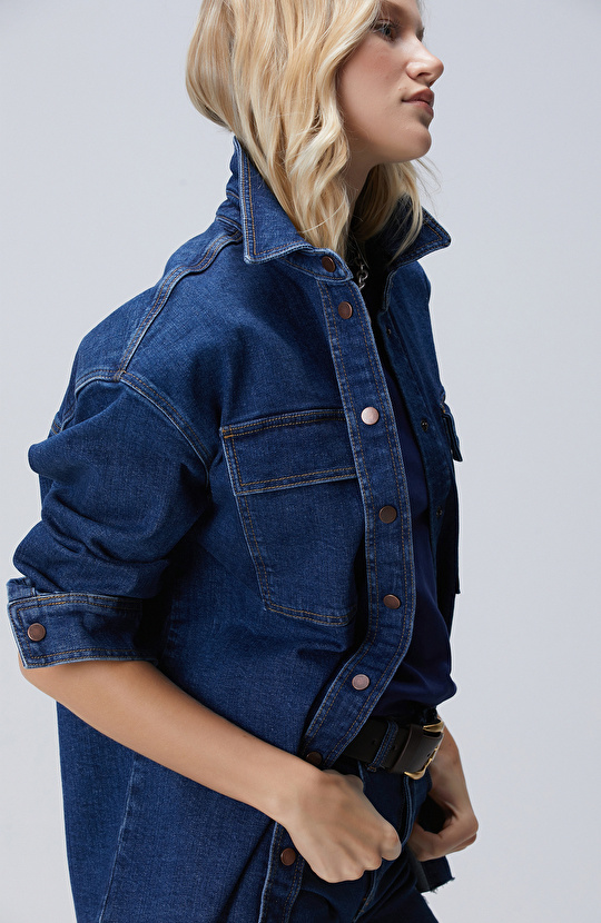 Koyu Indigo Mavi Denim Gömlek