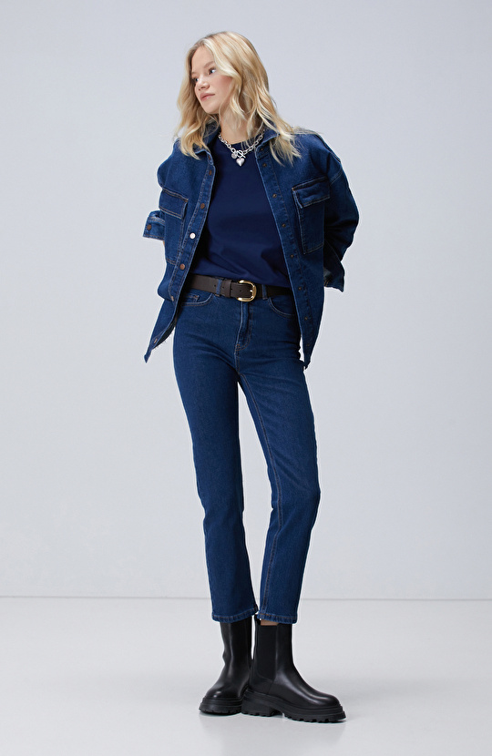 Koyu Indigo Mavi Denim Gömlek