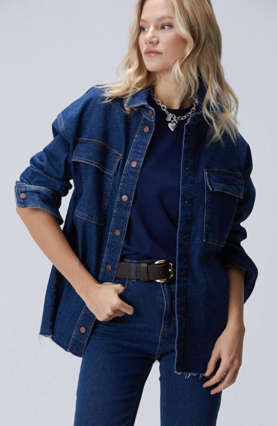 Koyu Indigo Mavi Denim Gömlek