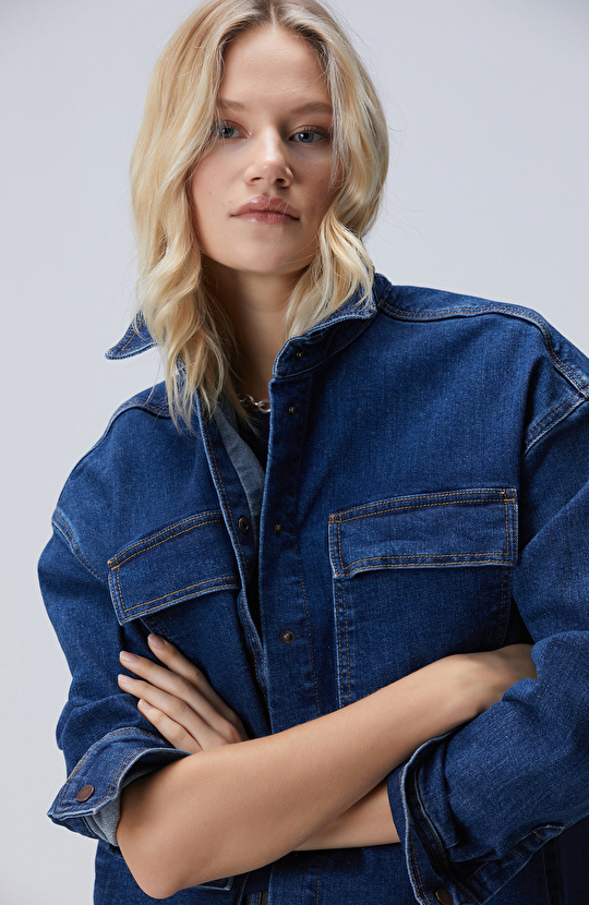 Koyu Indigo Mavi Denim Gömlek