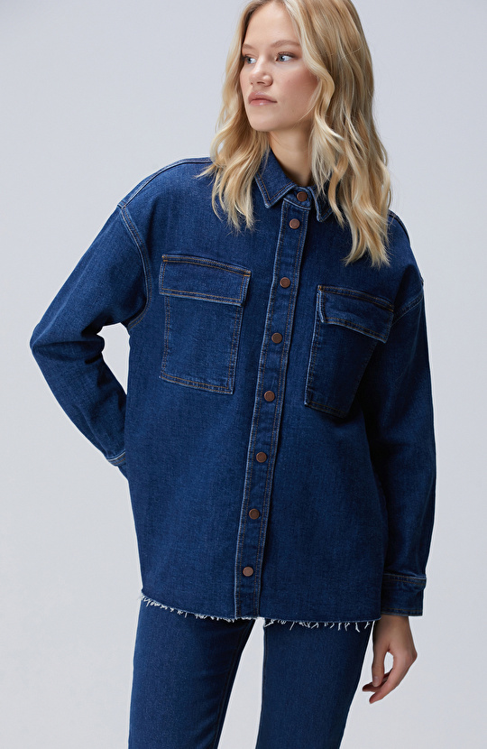 Koyu Indigo Mavi Denim Gömlek