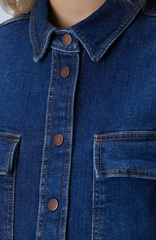 Koyu Indigo Mavi Denim Gömlek