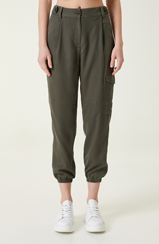 Haki Yüksek Bel Pileli Pantolon