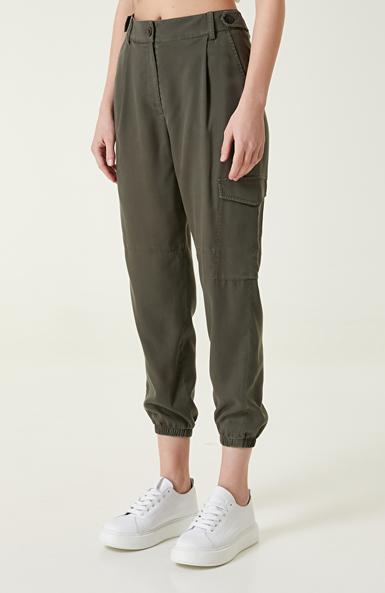 Haki Yüksek Bel Pileli Pantolon