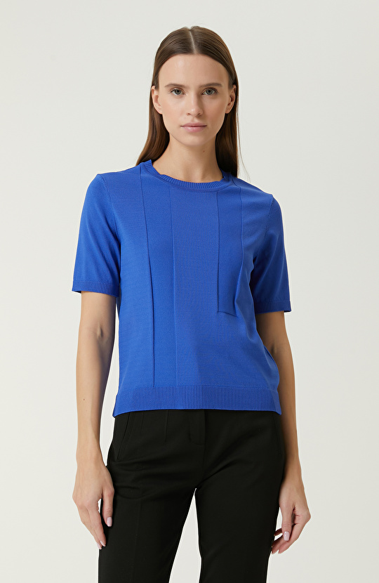 Saks Çizgi Jakarlı Kazak