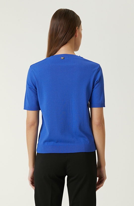 Saks Çizgi Jakarlı Kazak