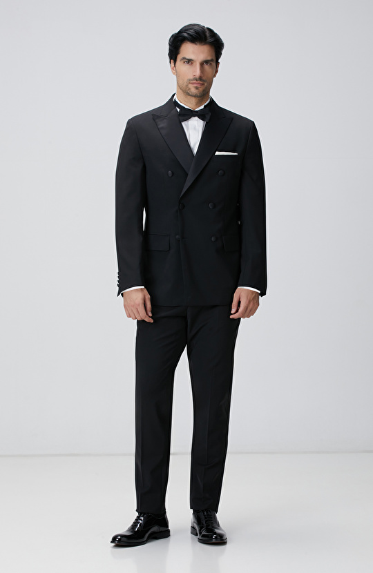 Siyah Yün Karışımlı Smokin Takım Elbise