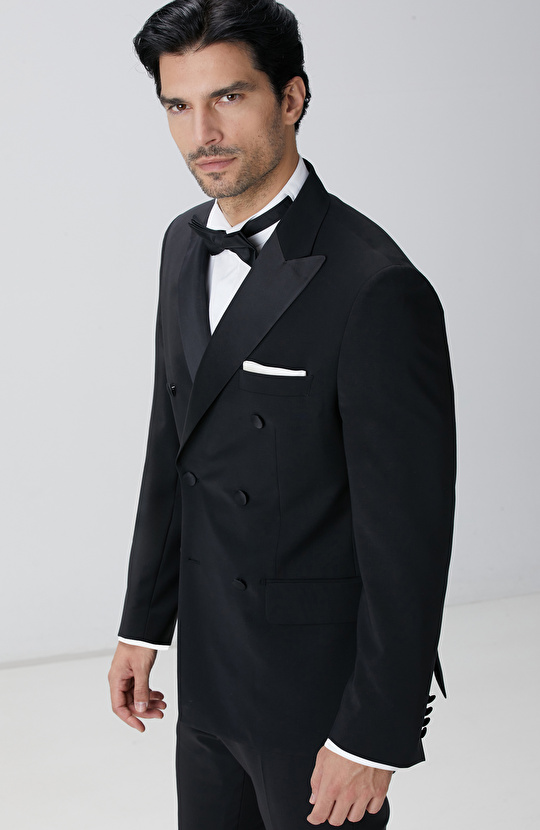 Siyah Yün Karışımlı Smokin Takım Elbise