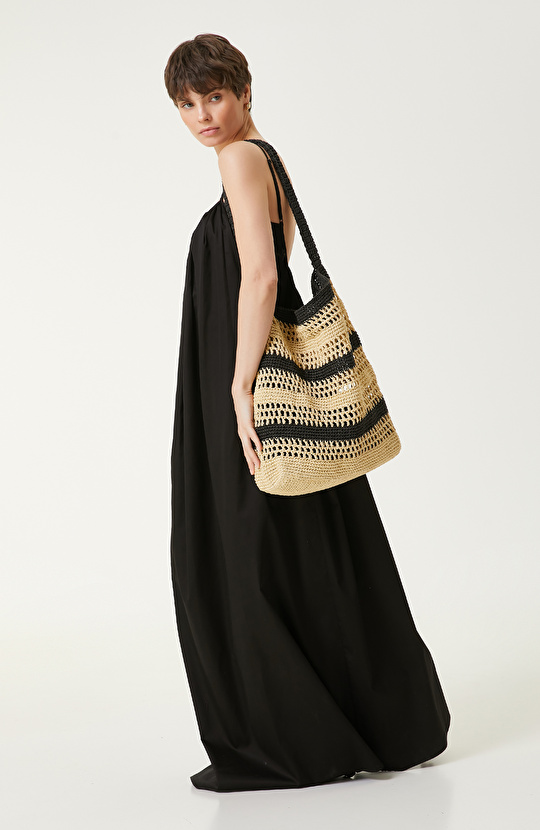 Siyah Bej Kadın Kağıt Hasır Çanta