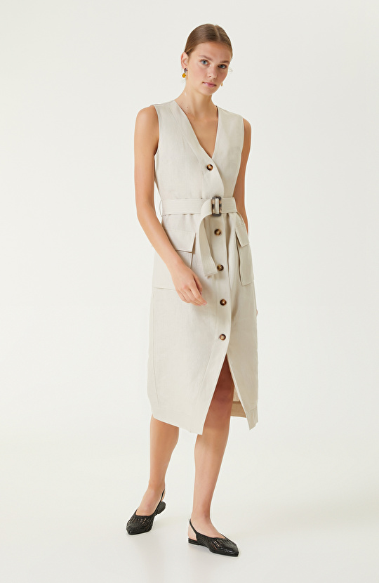 Bej Midi Keten Elbise