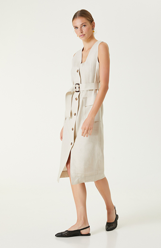 Bej Midi Keten Elbise