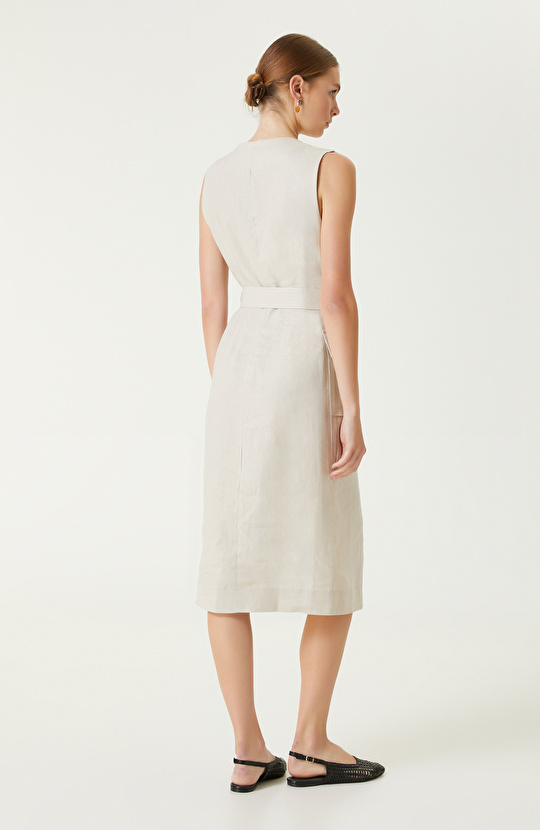 Bej Midi Keten Elbise