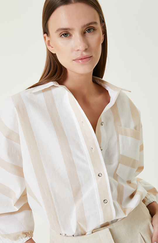 Ekru Bej Çizgili Gömlek