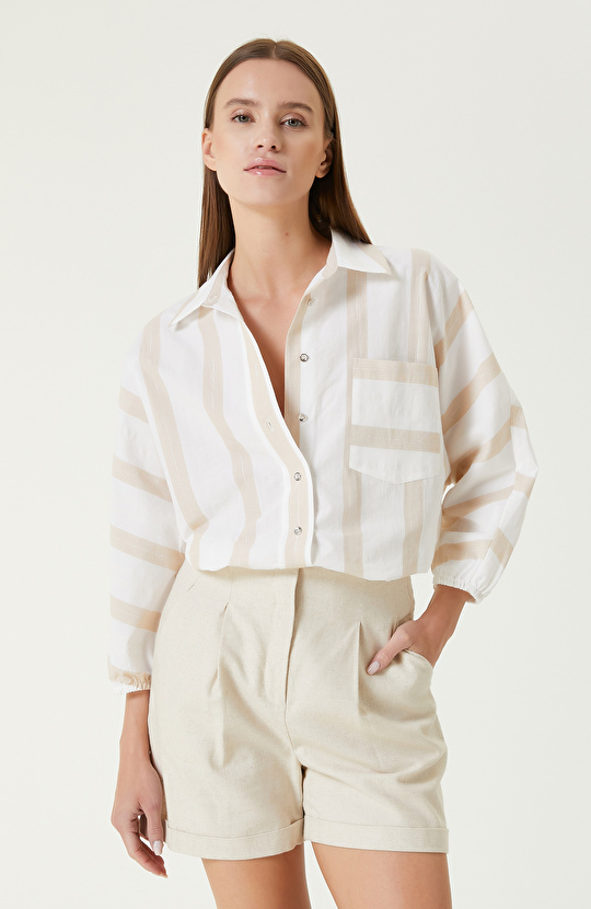 Ekru Bej Çizgili Gömlek