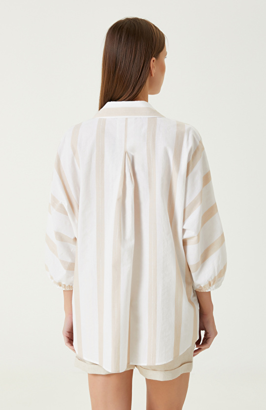 Ekru Bej Çizgili Gömlek
