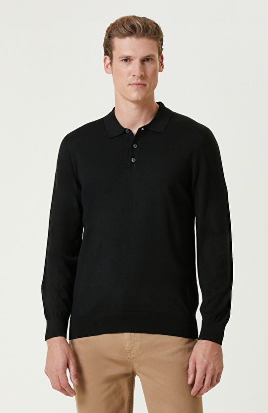 Siyah Polo Yaka Yün Karışımlı Triko Kazak Siyah Polo Yaka Yün Karışımlı Triko Kazak