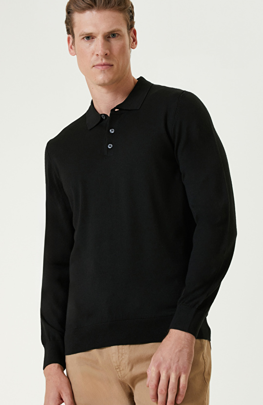 Siyah Polo Yaka Yün Karışımlı Triko Kazak