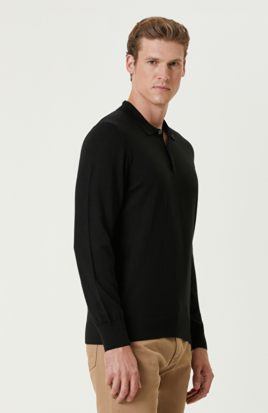 Siyah Polo Yaka Yün Karışımlı Triko Kazak
