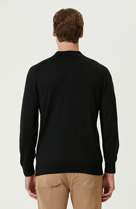 Siyah Polo Yaka Yün Karışımlı Triko Kazak