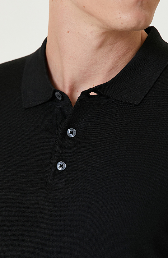 Siyah Polo Yaka Yün Karışımlı Triko Kazak