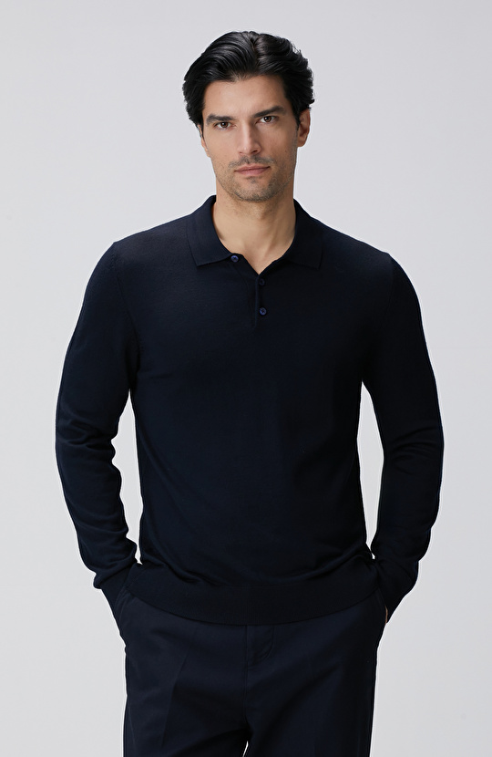 Lacivert Polo Yaka Yün Karışımlı Triko Kazak