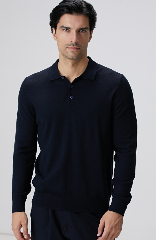 Lacivert Polo Yaka Yün Karışımlı Triko Kazak