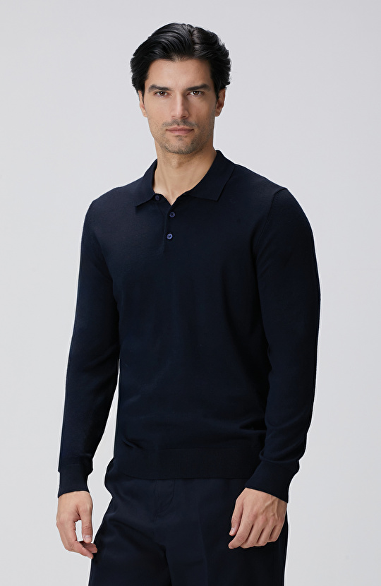 Lacivert Polo Yaka Yün Karışımlı Triko Kazak