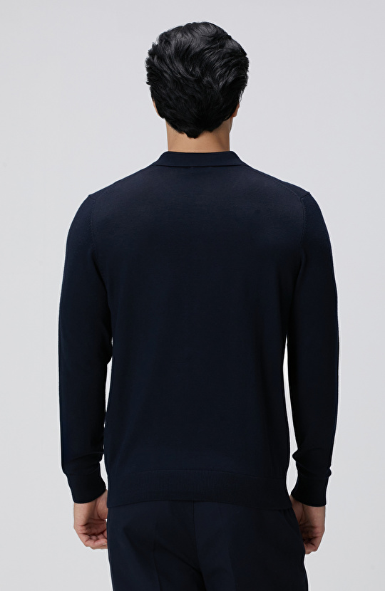 Lacivert Polo Yaka Yün Karışımlı Triko Kazak
