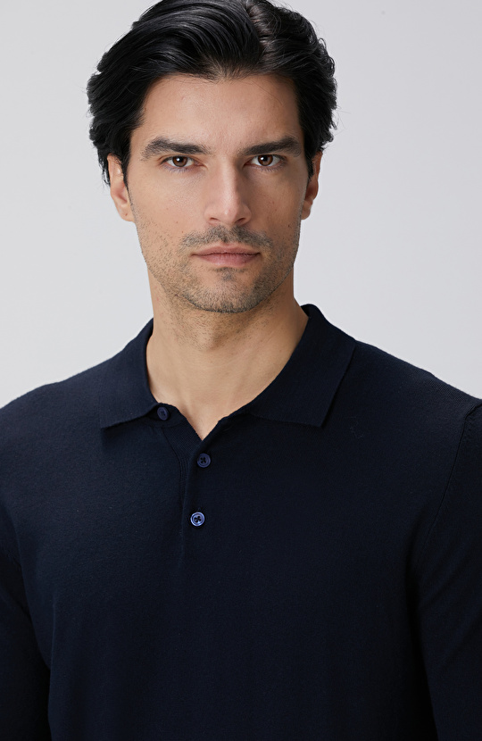 Lacivert Polo Yaka Yün Karışımlı Triko Kazak