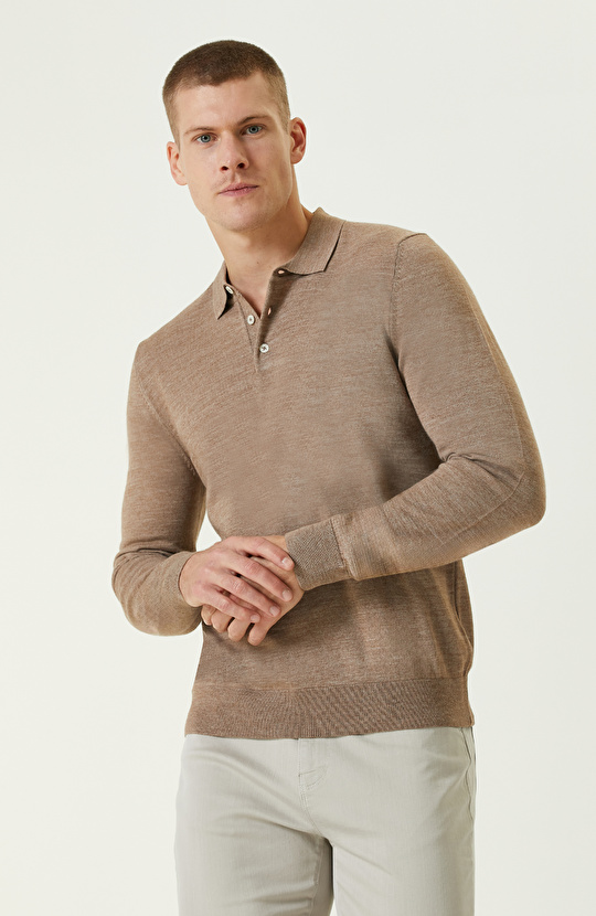 Bej Melanj Polo Yaka Yün Karışımlı Triko Kazak