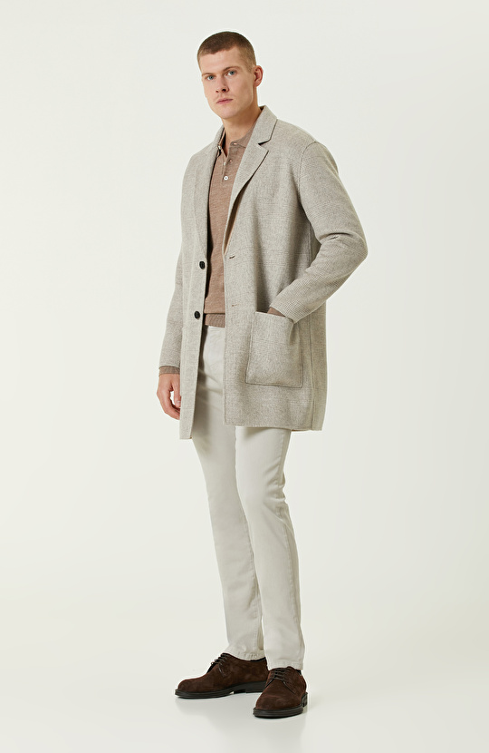 Bej Melanj Polo Yaka Yün Karışımlı Triko Kazak