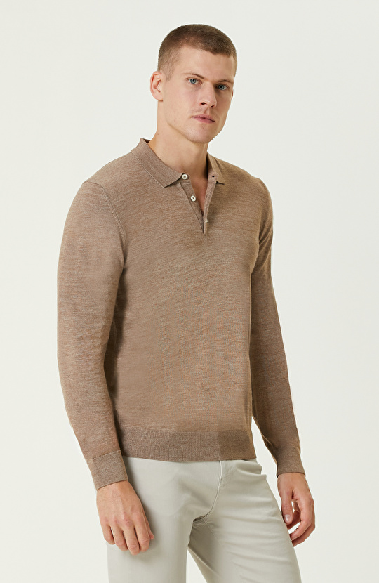 Bej Melanj Polo Yaka Yün Karışımlı Triko Kazak