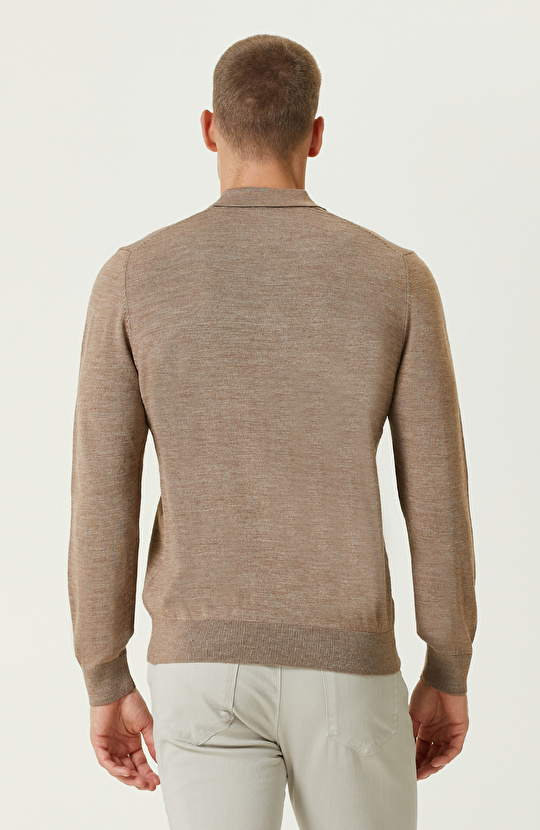 Bej Melanj Polo Yaka Yün Karışımlı Triko Kazak