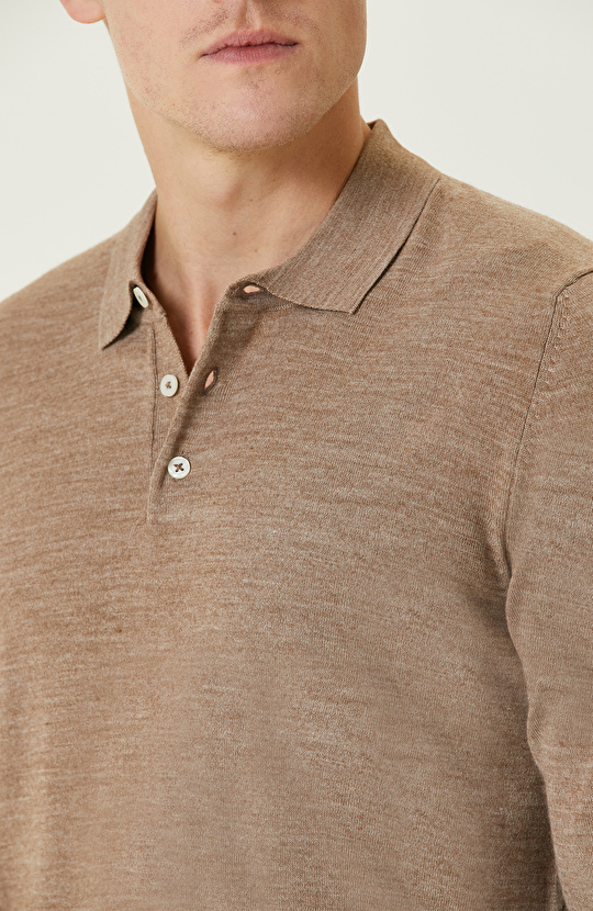 Bej Melanj Polo Yaka Yün Karışımlı Triko Kazak