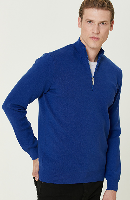 Saks Dik Yaka Fermuarlı Triko Kazak