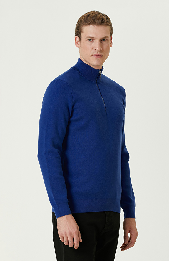 Saks Dik Yaka Fermuarlı Triko Kazak