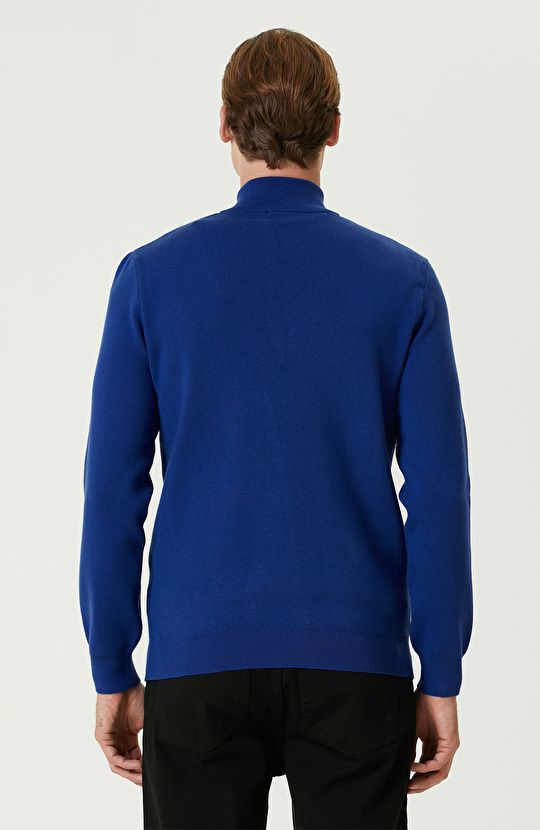 Saks Dik Yaka Fermuarlı Triko Kazak