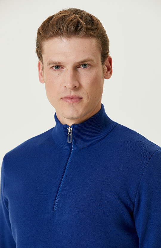 Saks Dik Yaka Fermuarlı Triko Kazak