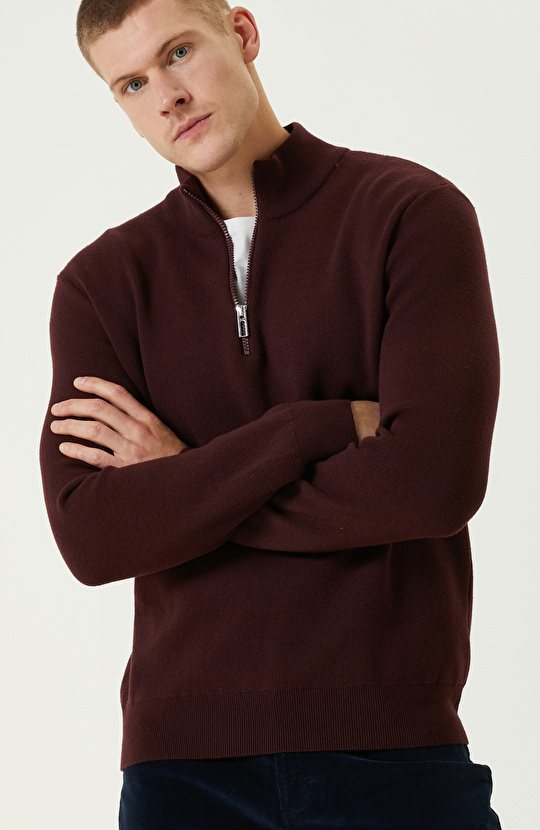 Bordo Dik Yaka Fermuarlı Triko Kazak