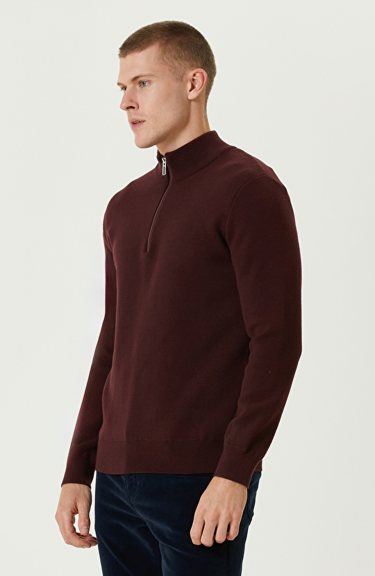 Bordo Dik Yaka Fermuarlı Triko Kazak