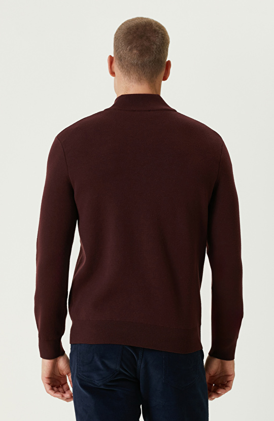 Bordo Dik Yaka Fermuarlı Triko Kazak