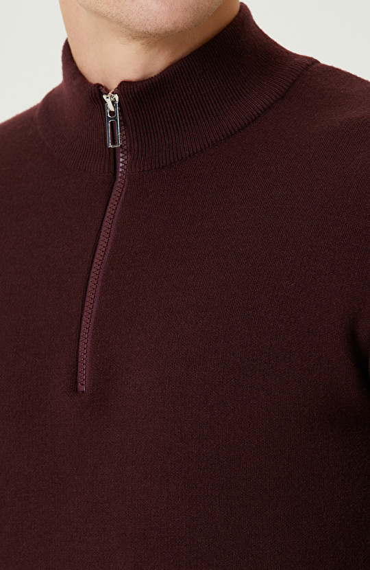 Bordo Dik Yaka Fermuarlı Triko Kazak