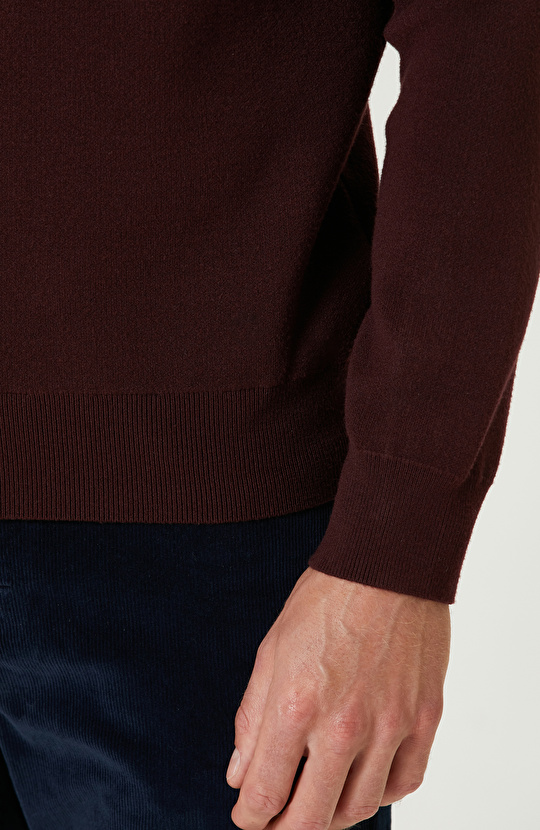 Bordo Dik Yaka Fermuarlı Triko Kazak