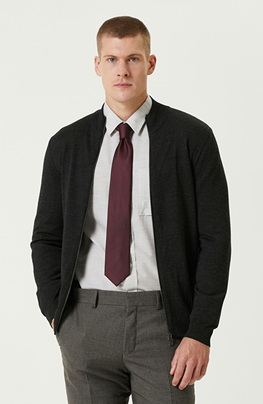 Antrasit Melanj Yün Karışımlı  Basıc Hırka