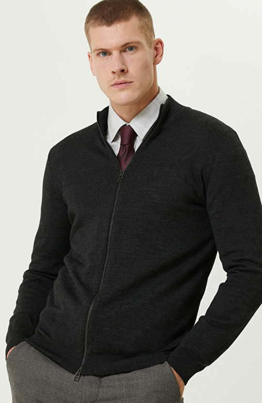 Antrasit Melanj Yün Karışımlı  Basıc Hırka